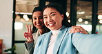 Happy woman, selfie and team at office with face, hug and peace sign on web with laugh at insurance agency. Business people, smile and photography with memory, embrace or portrait on social media