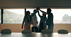 Applause, healthcare and team high five for success in hospital boardroom, meeting or celebration. Happy, win or progress of medical staff together for wellness, collaboration or goals in city