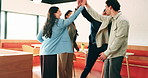Business people, high five and team with applause at office, goals or happy for support at finance company. Group, shaking hands and celebration for deal, achievement or congratulations at agency