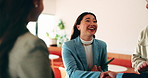 Smile, business and woman with handshake in office for welcome, introduction and praise for bonus. Happy, people and shaking hands for greeting with team applause, congratulations and promotion deal