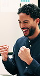 Fist pump, laptop and businessman in office with winning, good news or approval of finance report. Computer, job promotion and financial advisor with celebration for investment profit in workplace.