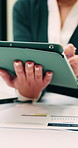 Businesswoman, hands and scroll in office with tablet, sales performance and data analysis for income. Person, typing or online research in business with tech, review graphs or statistics for revenue