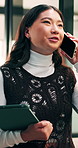 Tablet, woman and talk with phone call in office for contract renewal, billing enquiry or smile. Account manager, asian person or mobile chat with client for terms negotiation, product info or update