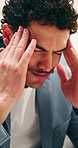Man, eye strain or stress with typing for business mistake, fatigue or burnout in office. Accountant, tired person or employee with migraine, anxiety or pain for company fail or deadline pressure