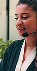Woman, computer and headset at call center with discussion, review or explain at insurance company. Person, broker or advisor with voip, tech or mic for virtual consultation at risk management agency