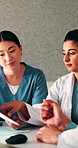 Healthcare, teamwork and talking with document in clinic, ideas and brainstorming for treatment plan. Health professional, collaboration and people with report, reading and discussion in hospital