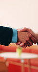 Business, people and handshake with conversation at workplace, networking or agreement for deal. Explaining, chat or gesturing with team shaking hands, collaboration or partner opportunity at office