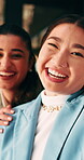 Selfie, face or women in office with smile, business friendship or fun in workplace memory. Happy, portrait or employees in agency with tongue out, playful bonding or moment capture for social media.