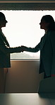 Business, collaboration or women in office with handshake, greeting or meeting for b2b deal. Networking, space or employees in agency with shaking hands, introduction or opportunity for partnership.