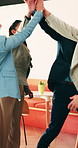 Applause, high five and success with business people in office for celebration of achievement. Clapping, motivation and solidarity with employee team in workplace for bonus, milestone or target