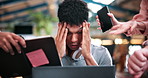 Businessman, hands or headache with anxiety in office for chaos, overwhelming tasks or work pressure. Overworked, man or demanding colleagues with migraine or stress for multitasking or deadline