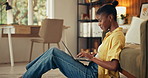 Laptop, typing and black woman in home with remote work, research and copywriting for brand campaign. Creative, person and freelance copywriter in living room with computer, browsing or plan project.