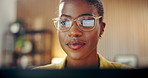 Glasses, laptop and reflection with black woman in home office for proofreading, editor or freelancer. Blog newsletter,  online report and research with person in house for remote work and planning