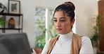 Remote work, woman and typing on laptop in home for seating update, check rsvp or problem solving. WFH, event planner and thinking with tech for venue booking, spatial planning and vendor sourcing