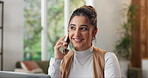 Happy, woman and remote work in home with phone call, discussion and contact client for accounting. Smile, female person and freelancer at house with mobile, conversation and feedback for investment