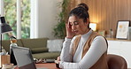 Woman, headache and remote work in house with laptop, fatigue and challenge for copywriting project. Tired, freelance copywriter and person in apartment with migraine, computer or stress for campaign