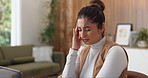 Woman, headache and remote work in home with laptop, fatigue and challenge for copywriting project. Tired, freelance copywriter and person in house with migraine, computer and stress for campaign.