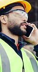 Speaking, architect or man with phone call at construction site, schedule feedback or building update. Outdoor, smile or person with mobile for maintenance timeline, renovation status or networking