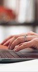 Hands, business and woman in office with laptop, research and email client for accounting. Person, typing and accountant in workplace with pc, finance report and review budget for investment proposal
