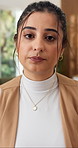 Woman, face and video call in home with POV for social media, talent agent or communication. Freelancer, influencer marketing and person with portrait for client, conversation or ad campaign in house