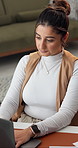 Above, woman and remote work at house with laptop, research and email for accounting. Person, typing or freelancer in lounge with tech, financial report and investment information for risk assessment