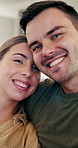 Face, hug and happy couple with selfie in home for photography, memory or bonding together. Portrait, man and woman with smile, embrace or commitment for love, comfort or relationship in house