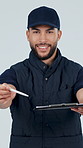Clipboard, signature and face of deliveryman in studio with inspection for courier information with document. Shipping, pen and logistics worker with paperwork for distribution by white background.