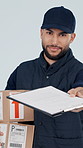 Boxes, clipboard and face with delivery man in studio for signature on a white background. Portrait, male person or courier guy with parcel, packages or checklist for service, confirmation or signing