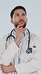 Happy, face and doctor in studio for thinking, decision and solution for medical service. Healthcare, portrait and man with reflection for planning, idea and problem solving on white background