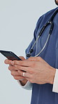Hands, doctor and reading in studio with phone, research and contact patient for medical results. Man, typing or mobile for communication, agenda update and telehealth information on white background