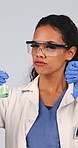 Woman, science and thumbs down for chemistry test, research and expression on white studio background. Face, scientist or person with experiment, bad reaction and fail with liquid solution or results