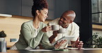 Tablet, couple or coffee toast with celebration in home for loan settlement, finance goals or pride. Laugh, african people or drink cheers with tech for financial security, debt free or achievement