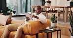 Business, black man and remote work in home with tablet, research and proofreading for copywriting. Thinking, journalist and freelancer in lounge with digital, editing article and story publication