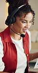 Headphones, talking and businesswoman in home with call center, customer service or crm with help desk. Happy, mic and female technical support agent with online consultation for remote work in house