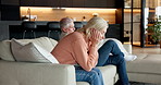 Elderly, couple and divorce with separation on sofa for argument, fight or conflict together in home. Senior, man and frustrated woman with stress for break up, toxic marriage or dispute in house