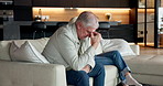 Elderly, couple and break up with separation on sofa for argument, fight or conflict together in home. Senior, man and frustrated woman with stress for divorce, toxic marriage or dispute in house