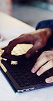 Hands, architect and typing on laptop for construction, research and email for building design. Person, contractor and keyboard with pc, schedule update and inspection report for architecture project