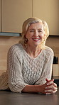 Face, woman and relax at house with smile, peace and calm morning for weekend break. Portrait, mature person and confident in kitchen with happiness, positive attitude and free time for stress relief