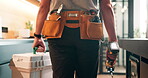 Plumber, hands and walk in kitchen with toolbox, maintenance job or repair skills for home renovation. Back, man or technician inspection in house with utility belt, DIY equipment or plumbing service