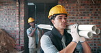 Carry, construction and team with pipes on site for plumbing, residential project or development. Builder, men or plastic tubes for property expansion, irrigation system or water supply in renovation