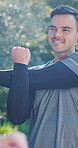 Exercise, man and talk with stretching at park to start fitness, muscle preparation or instructor. Happy, athlete or trainer with arm warm up outdoor for morning cardio, getting ready or conversation