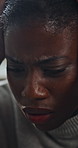 Stress, depression and black woman in home with bad news, breakup or anxiety attack in living room. Mental health, upset and African female person with disappointment, frustration or overwhelmed.