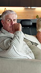 Annoyed, argument and senior man on sofa in home living room for conflict, disagreement or fight. Frustration, retirement and upset with unhappy couple in apartment for dispute or toxic relationship