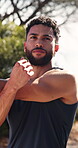 Stretching, runner and thinking with man in nature for health, reflection and workout start. Wellness, muscle warm up and fitness with person outdoor for exercise commitment, self care and sports