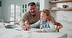 Dad, child or learning with book in home for education, homeschool assessment or teaching. Helpful father, kid or mentor with academic girl, student or laptop for homework, guide or tutoring in house