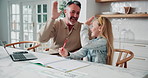 Teaching, child or happy dad with high five in home for education, assessment or learning success. Father, kid or proud mentor with girl student or laptop for good job, well done or tutoring in house