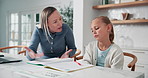 Mom, child or upset with homework for learning difficulty, ADHD or development in home. Frustrated mother, fighting or discussion with kid, daughter or girl for education, help or support in house