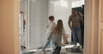 Excited, children and father at house for greeting, anticipation and affection for homecoming. Kids, running and hug with man for welcome home, family reunion and bonding together for parent arrival