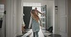 Excited, child and father at house for greeting, anticipation and affection for homecoming. Daughter, running and hug with man for welcome home, family reunion and bonding together for parent arrival