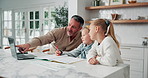 Dad, children and learning with laptop in home for online education, assessment or teaching. Father, kids or mentor with academic girls, students or computer for homework, guide or tutoring in house